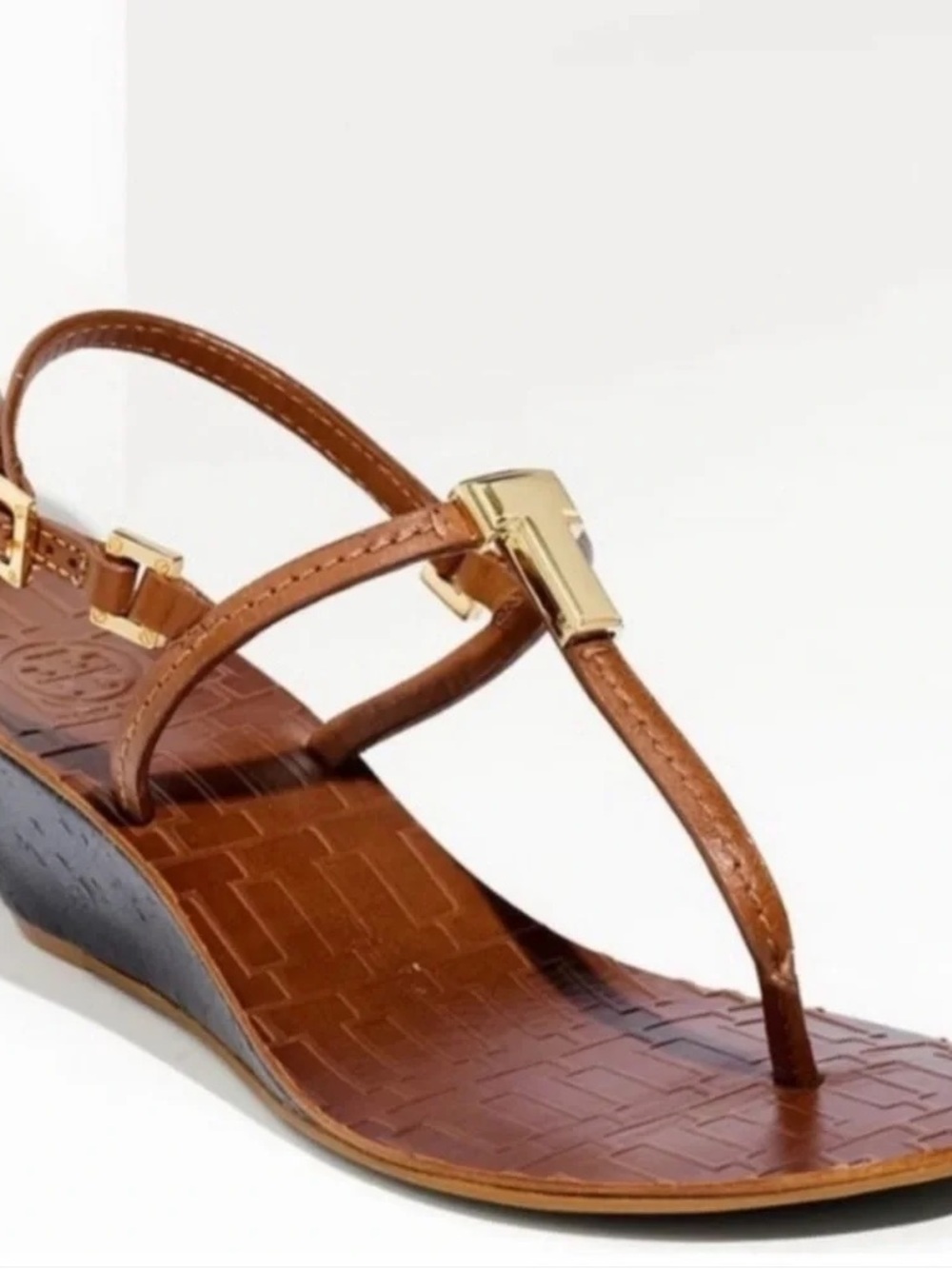 Tory Burch Tan Leather T-Strap Wedge Sandals with Gold Hardware